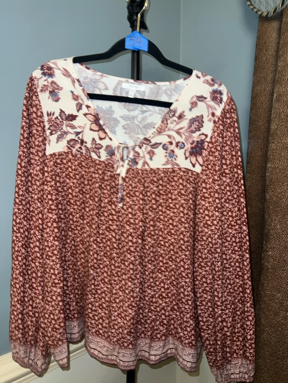 Floral Yoke Rust‎ Peasant Tunic with Tie Neck
